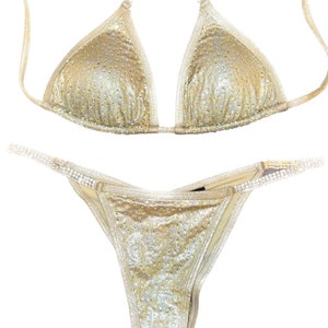 Gold rhinestone competition bikini. Scrunch bottoms. IFBB NPC