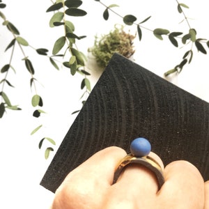 Black porcelain contemporary jewelry ring with a blue porcelain bubble, gold plated, platinum plated image 7