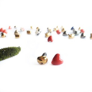 Ceramic mismatch earrings golden apple and red heart, asymmetric jewelry