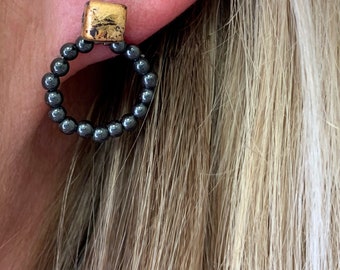 Black porcelain earrings with hematite, mismatched minimal style studs "Leonardo games"