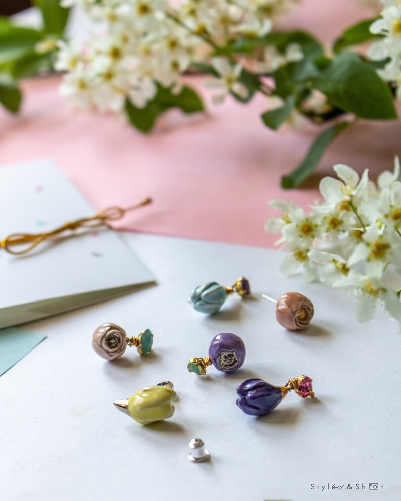 Ceramic Stud Earrings Flowers Mismatched Spring Earrings ROSE Etsy