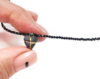 Black porcelain small heart necklace for MOM on tiny black swarovski crystal string, Mother's day gift