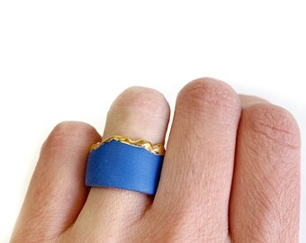 Blue porcelain ring YANA, hand made, unisex, ultramarine blue statment, urban style accessory