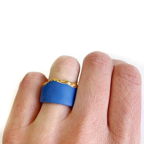 Bague en porcelaine bleue YANA, faite à la main, unisexe, déclaration bleu outremer, accessoire de style urbain