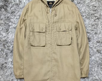 Vintage Alpha Industries Military Style Hoodie, Cream Brown, Large