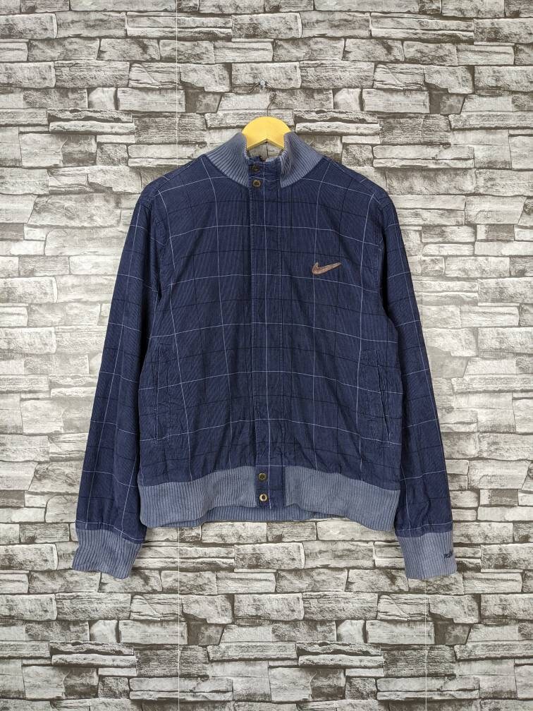 Vintage 00s Nike Corduroy Light Jacket Checkered Pattern Blue Color Condition used Casual Sportswear Autumn Winter Clothing Streetwear Gear