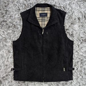 Burberry London Faux Suede Vest Jacket Mens Medium F Nova Check Lining Full Zip Gilet Waistcoat Black Sanyo Shokai Made In Japan Vintage