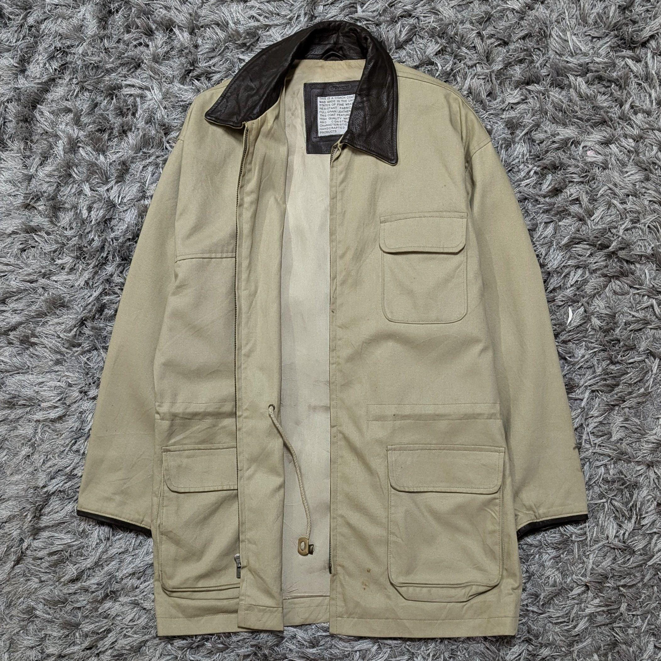 Vintage 90s Coach Jacket, Beige Leather Trim, Size S, Made in USA 