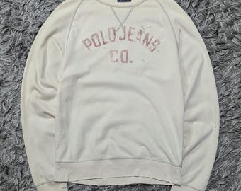 Vintage Distressed Polo Jeans Company Sweatshirt, Cream Logo Jumper (Size M)