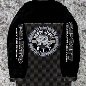 May include: A black corduroy jacket featuring a central panel with a dark gray checkered pattern. The back displays a circular emblem with the text PARTO SPORT D.I.V. and DEDICATED TO THOSE WITH AN INDIVIDUAL PERSONALITY LIKE YOURS.