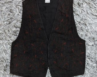 Vintage Grape Co Yokohama Motomachi Gilet ricamato da donna in cotone nero Mori Kei Boho con foglie floreali Gilet Giacca Made In India Raro