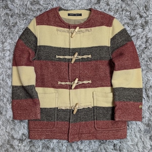 Vintage Maple Creeks Japan Striped Wool Duffle Coat, Collarless Wooden Toggle Heavy Jacket, Burgundy Beige Checked Pattern Retro Cardigan