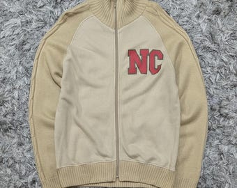 Vintage Knitted Full Zip Sweater Jacket - Brown & Cream, Medium