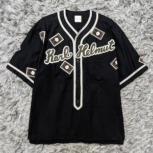 Camisa de beisebol japonesa de arquivo Karl Helmut, Jaqueta preta vintage com estampa de patch de chenille e botões, modelo Pink House Isao Kaneko, tamanho G