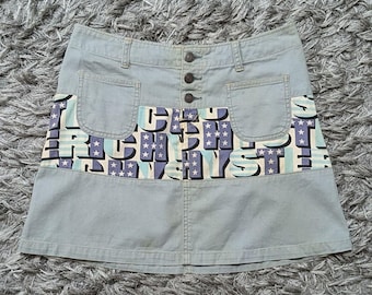 Vintage Hysteric Glamour Denim Mini Skirt, Spellout Patchwork, Size 29