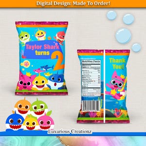 Bolsa de chips de tiburón bebé Bolsa de chips de tiburón - Tiburón digital - Tema de tiburón - Cumpleaños de tiburón
