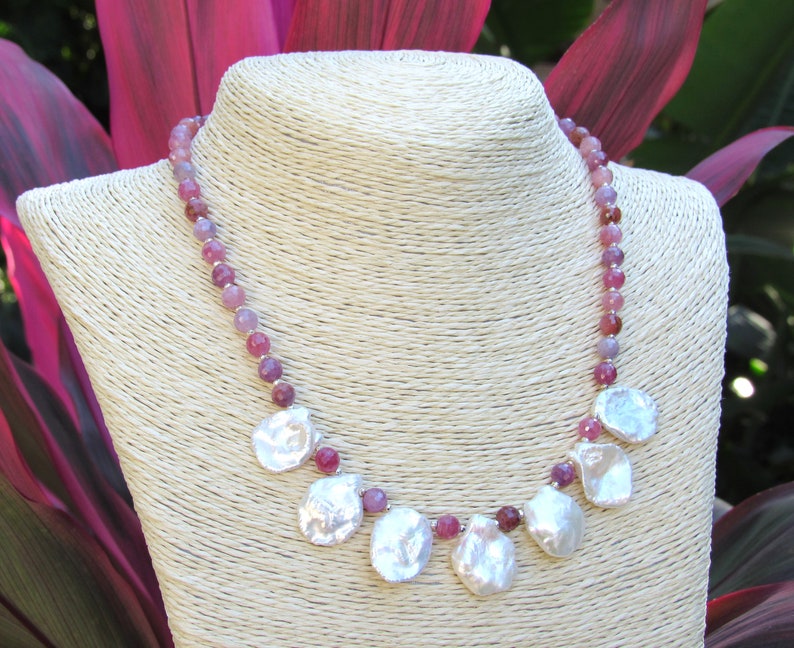 Genuine Ruby Gemstone and Keshi Pearl Necklace Featuring Hill Tribe Fine Silver