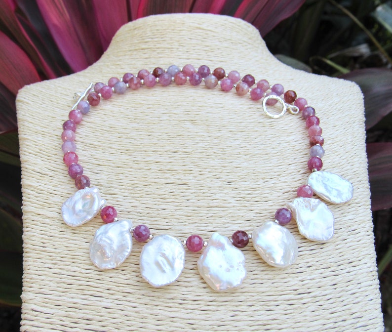Genuine Ruby Gemstone and Keshi Pearl Necklace Featuring Hill Tribe Fine Silver