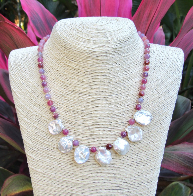 Genuine Ruby Gemstone and Keshi Pearl Necklace Featuring Hill Tribe Fine Silver