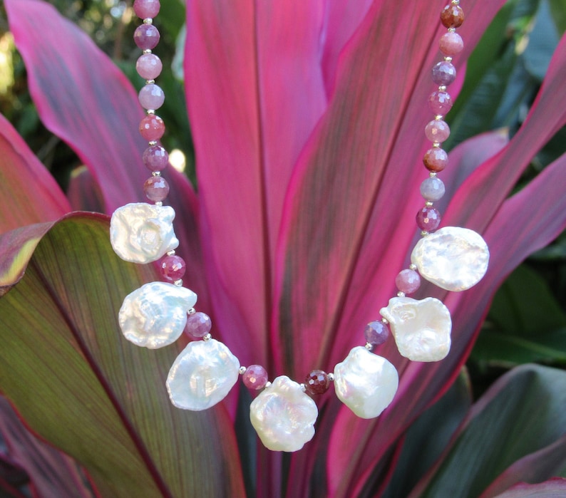 Genuine Ruby Gemstone and Keshi Pearl Necklace Featuring Hill Tribe Fine Silver