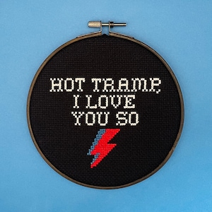 May include: Black embroidery hoop with white text that reads "Hot Tramp I Love You So" and a red and blue lightning bolt design.