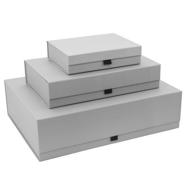 Luxury Magnetic Gift Boxes in a beautiful matt grey colour, available in 3 box sizes from stock