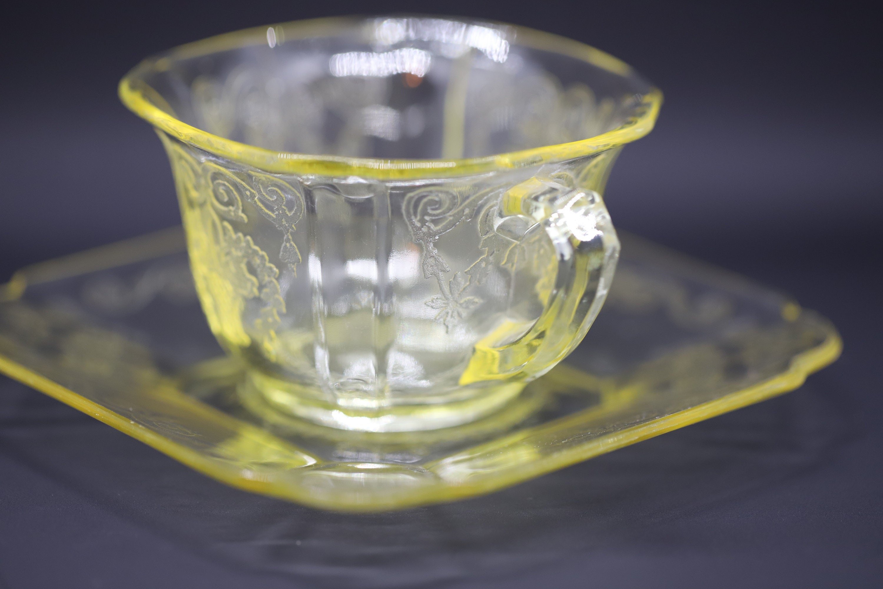Yellow Depression Glass Cup and Saucer Lorain Cup and Saucer Set of 4