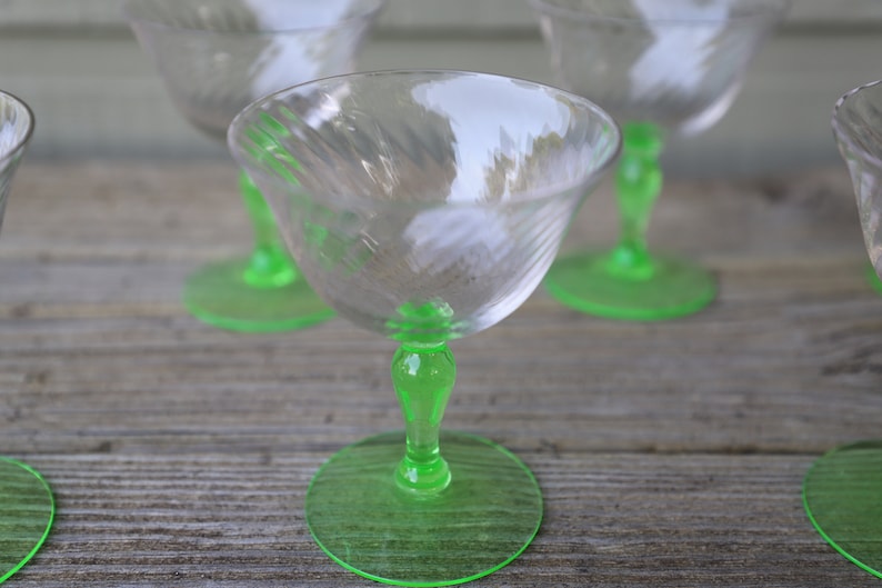 Vintage/ Depression Swirl Optic Glasses / Vaseline Glass Stem Etsy