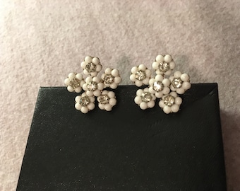 Vintage CORO Earrings ca 1940's Flowers w/Vermeil Base and Rhinestones - Screw On Backings