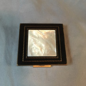 Vintage 1950's Shields Mother of Pearl and Black Enamel Powder Cosmetics Compact image 1