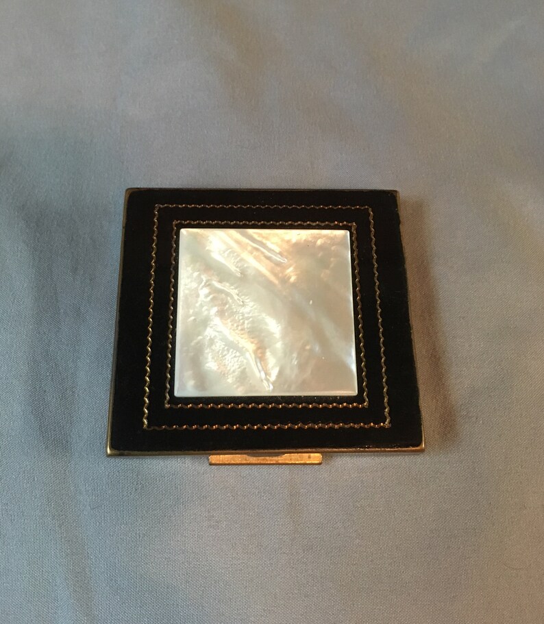 Vintage 1950's Shields Mother of Pearl and Black Enamel Powder Cosmetics Compact image 1