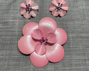 Vintage Pink Enamel and Rhinestone Flower Brooch & Earring Set