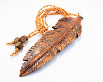 One of A Kind Handcrafted wooden Feather pendant Hand Made Nature Free Style