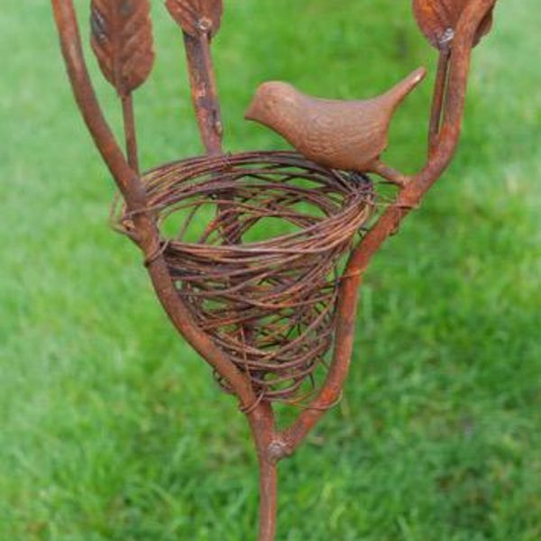 Rusty Bird in Nest Stake birds trees garden flowers spring