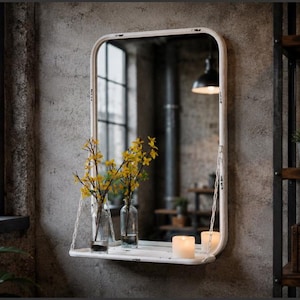 May include: A rectangular wall mirror with a distressed white metal frame and rounded corners. The mirror features an integrated narrow shelf suspended by two thin white chains attached to the sides of the frame, providing a surface for small items.