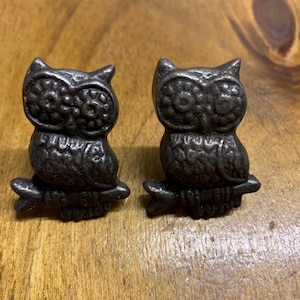 May include: Two black cast iron owl drawer pulls. The owls are perched on branches and have detailed features, including large eyes and feathers.