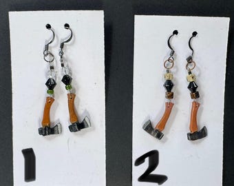 Hypoallergenic Axe Earrings 2" Drop - Handmade painted with glass beads, green, and Gold, Great for Fall, Great Gift, Conversation piece