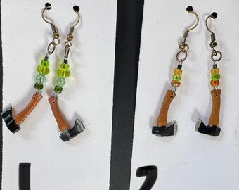 Hypoallergenic Axe Earrings 2" Drop - Handmade painted with glass beads, Green and Gold, Great for Fall, Great Gift for a Carver,