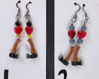 Hypoallergenic Axe Earrings 2" Drop - Handmade painted with glass beads, Red, Blue and Yellow, Great for Fall, Great Gift for a Carver,
