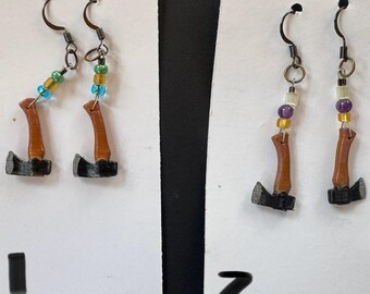 Hypoallergenic Axe Earrings 2" Drop - Handmade painted with glass beads, Purple & Teal, Great for Fall, Great Gift for a Carver,