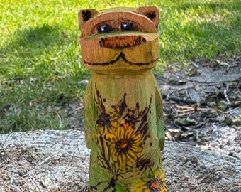 3" Hand Carved Wooden Bear, Wood burned with wild flowers, Hand Painted, Carved in MN, great gift for all ages, made with Love, Collectible