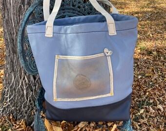 Two Toned Blue Leather Tote,  Packable, Perfect size with outside/Inside pockets, zippered pocket lined in Leather,  Peace sign Brand