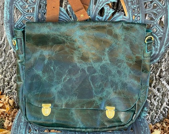 Distressed Turquoise Leather Messenger Style Bag, Backpack/Shoulder Bag, Outside pocket, Removable inside Zippered pouch, Perfect Bag