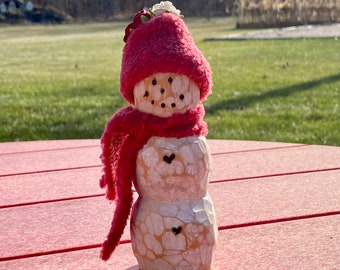 Wood Carved Wood Snowman with Hat and Scarf ~  6.5" high ~ Cute figure ready for snow ~ MN Made