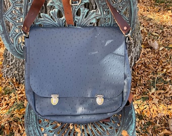 Ostrich Look Genuine Leather Messenger Style Bag, Backpack/Shoulder Bag, Outside pocket, Removable inside Zippered pouch, Perfect Bag