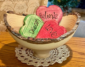 3 Handmade Wooden Saying Hearts ~Artisan Hand Turned ~ Made in MN ~ Keepsake ~ Figured Maple