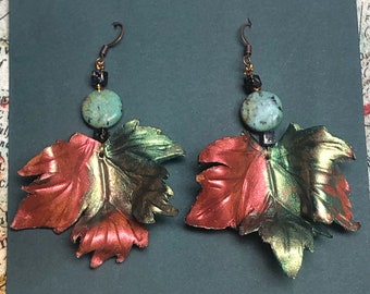 Leather Maple Leaf Earrings ~ One of a Kind ~ Hand Tooled