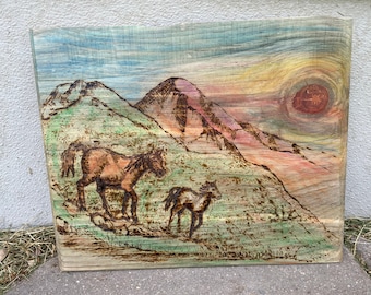 Horses Running Free Wood Burning Wall Hanging, Driftwood Hanging, Landscape Art, Minnesota Made, Old Wood Western Scene, Collectible Piece