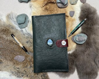 Latigo Green Leather Journal, Artisan made with Painted Mountain Stone with pockets, 2 Molskine  Books, Great Gift, one of a Kind