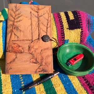 Veg Tan Leather Journal, Artisan made with Leather Burned Scene of a River Glacier ~ with 2 Moleskine note books~ Refillable